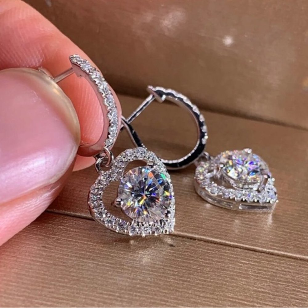 Luxury Heart Dangle Earrings for Wedding Romantic Women Brilliant Fancy Love - Picture 2 of 4